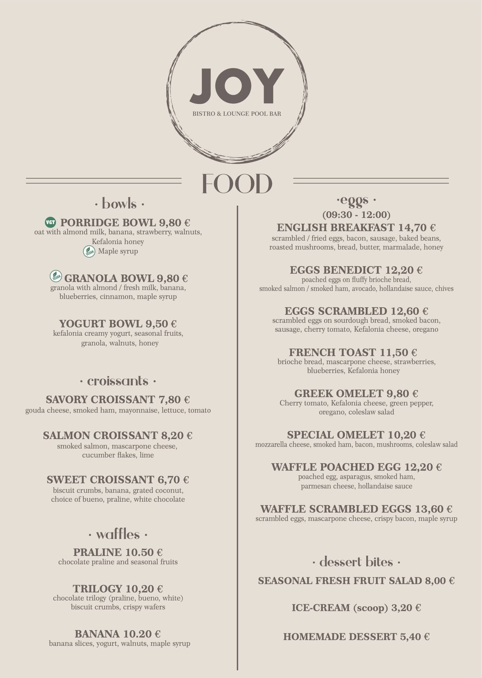Joy Bistro Food Menu Page 1